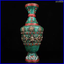 13.6collection old Tibet antique Handmade Inlaid with gems Eight treasures vase