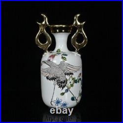 7.2Collect China Song Dynasty ru kiln porcelain gilt Crane binaural Bottle vase