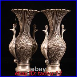 7.2Collecting Chinese antiques Pure copper Handmade Silver gilding Peacock Vase
