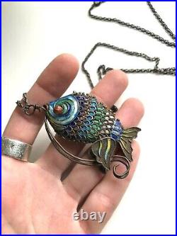 Antique CHINESE EXPORT Articulated FISH PENDANT Vintage STERLING SILVER Enameled