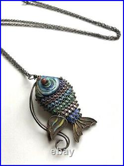 Antique CHINESE EXPORT Articulated FISH PENDANT Vintage STERLING SILVER Enameled