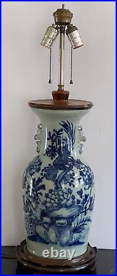 Antique Chinese Green Celadon Ground with Underglaze Blue Decoration Table Lamp