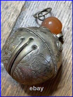 Antique Chinese Silver Color Bell Pendant Carnelian Bead Or Necklace Detailed