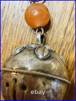 Antique Chinese Silver Color Bell Pendant Carnelian Bead Or Necklace Detailed