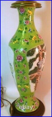 Antique Qing CHINESE LAMP EGRET Hand Ptd Enamel Copper Stork Flowers