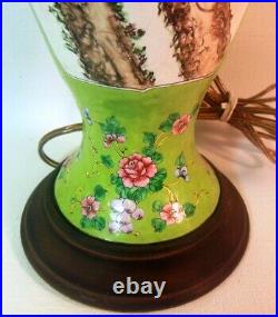 Antique Qing CHINESE LAMP EGRET Hand Ptd Enamel Copper Stork Flowers