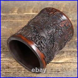 Chinese Antique Old Bamboo Carved Scenery Brush Pot Collection Office Supplies