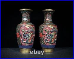 Chinese Antique Vintage Lacquerware Painted Dragon Vases A Pair Collection Decor