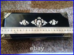 Chinese Box Antique Vintage Mother-of-pearl Brass Lacquer Wood Trinket Satin 50s