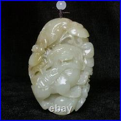 Chinese Hetian Jade Hand Carving Lion Coin Bat Lotus leaf Pendant old Collection