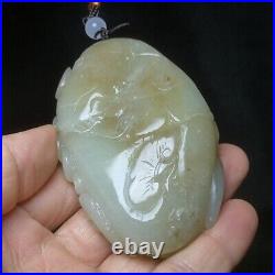Chinese Hetian Jade Hand Carving Lion Coin Bat Lotus leaf Pendant old Collection