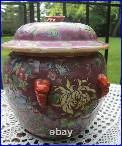 Chinese Vintage Antique Purple Ceramic Porcelain Soup / Rice Pot w Crab Finial