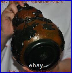 Collect Chinese glass Carved Lotus crane fish Zun Cup Bottom Pot Vase Statue
