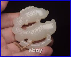 Collection Chinese Antique Hetian Jade Carved Double Fish Statue Pendant Jewelry