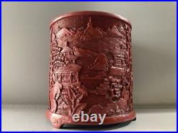 Collection Chinese Antique Lacquerware Carved Exquisite Scenery Brush Pots Art