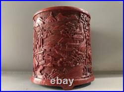 Collection Chinese Antique Lacquerware Carved Exquisite Scenery Brush Pots Art