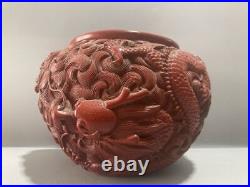 Collection Chinese Antique Vintage Red Lacquerware Dragon Statue Pot Storage Pot