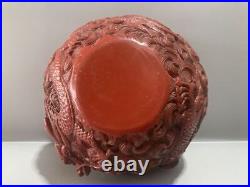 Collection Chinese Antique Vintage Red Lacquerware Dragon Statue Pot Storage Pot