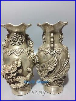 Collection old Tibet silver Vase Handwork carved dragon&Phoenix w Qianlong Mark