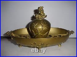 Great Antique Chinese Bronze Footed Inkstand. Inkwell lid with foo dog / lion