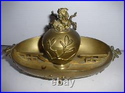 Great Antique Chinese Bronze Footed Inkstand. Inkwell lid with foo dog / lion