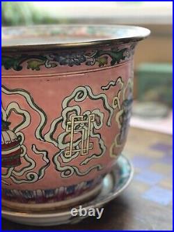 Huge Beautiful Antique Chinese Porcelain Plant Pot Pink & Blue Motif withBase