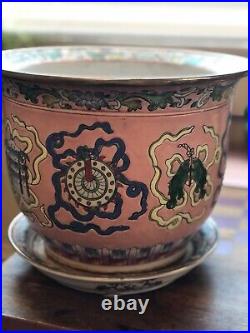 Huge Beautiful Antique Chinese Porcelain Plant Pot Pink & Blue Motif withBase