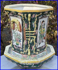 RARE 11 Antique Chinese Famille Rose Planter Jardiniere with Underplate Tray