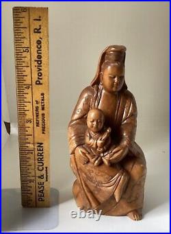 VTG/ Antique Chinese Wooden Carved Guanyin Holding Baby Sculpture, 5 Tall