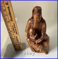 VTG/ Antique Chinese Wooden Carved Guanyin Holding Baby Sculpture, 5 Tall